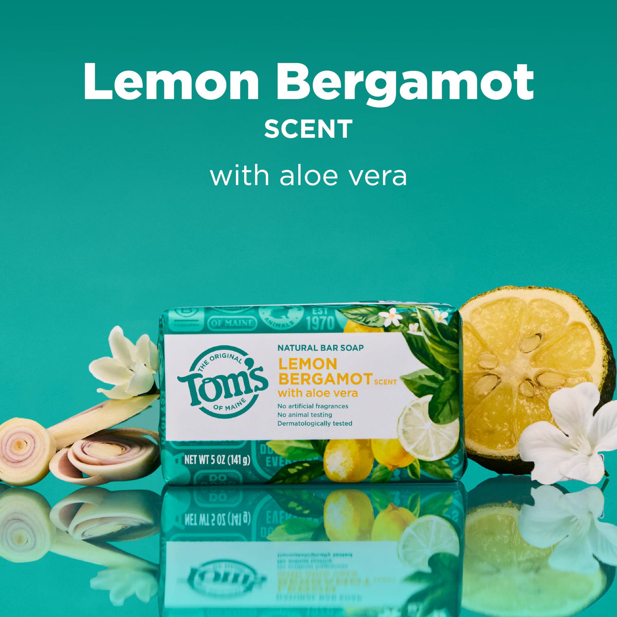 Détail du savon Tom's of Maine avec parfum citron et bergamote