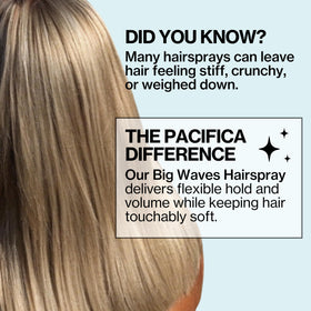 Détail du spray coiffant Pacifica avec texture de cheveux