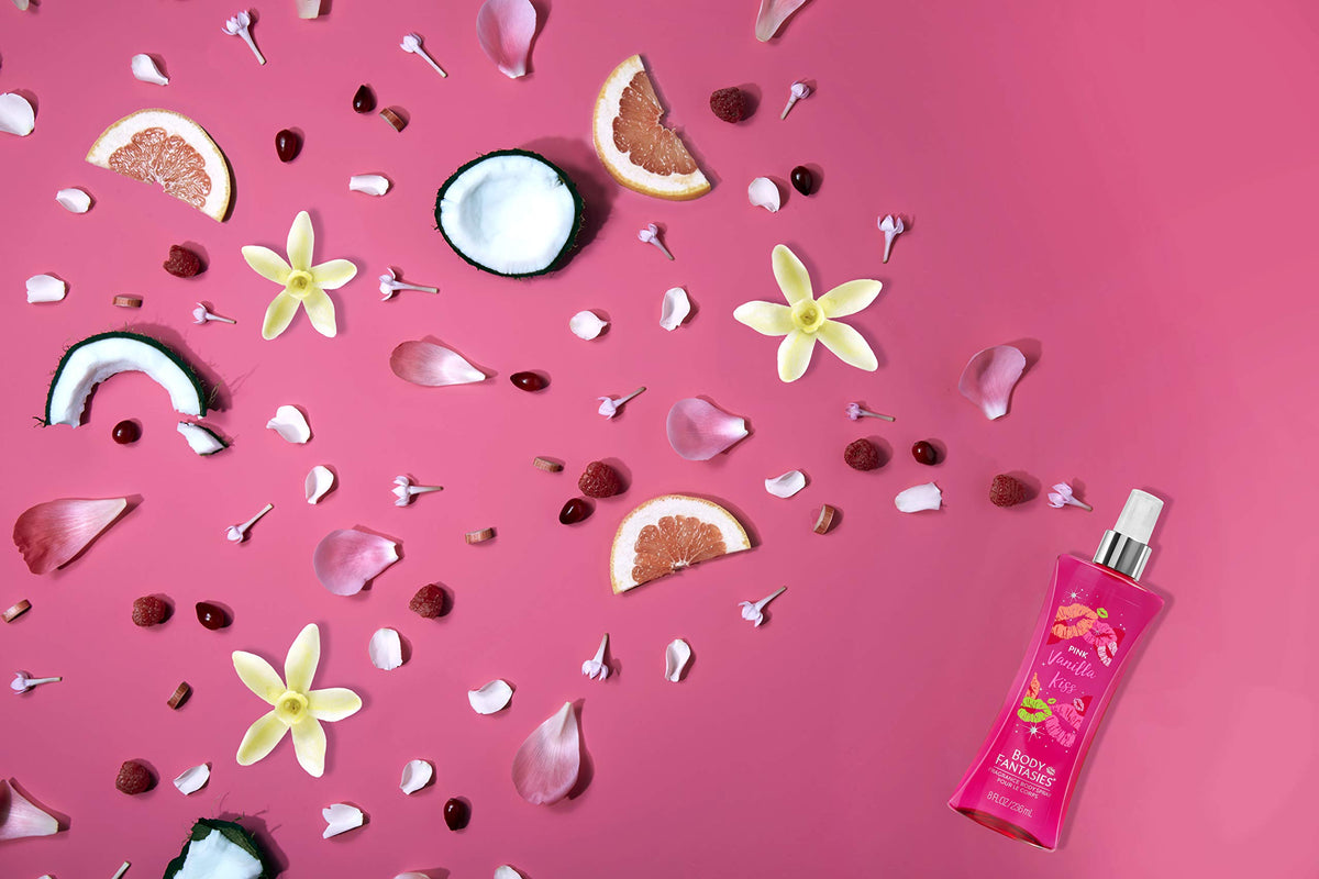 Détail du spray corporel Body Fantasies Pink Vanilla Kiss Fantasy avec bouchon