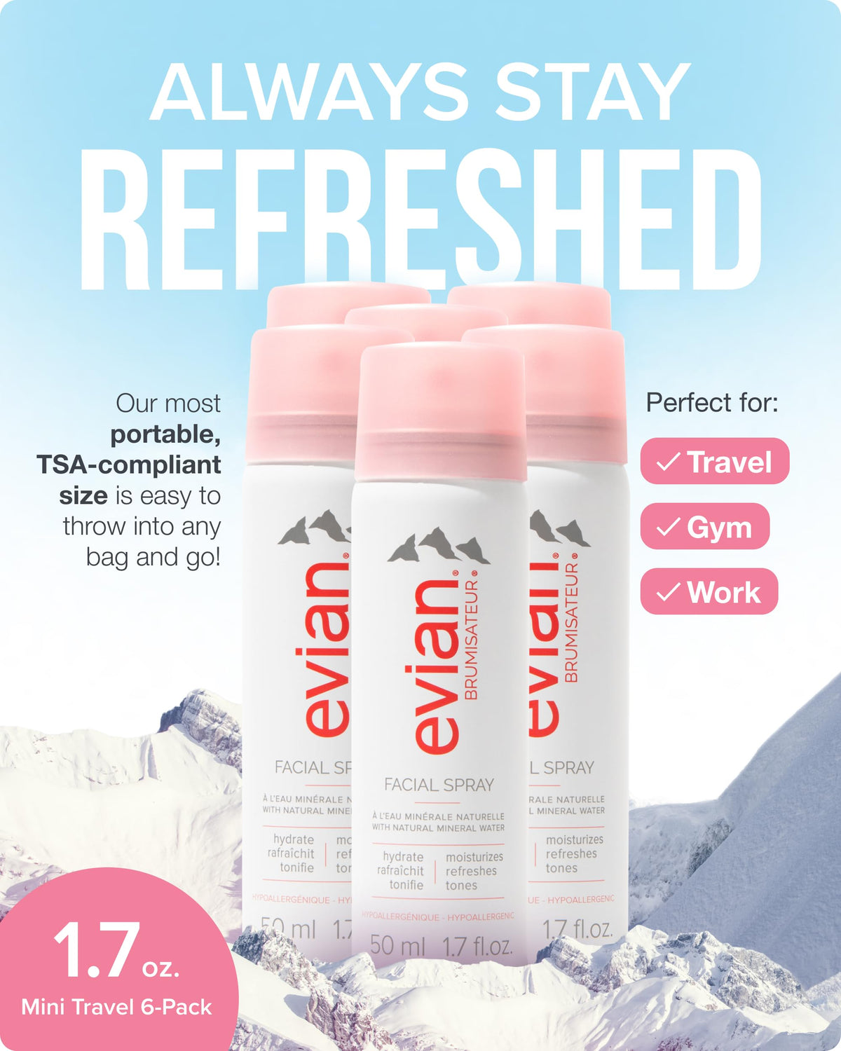 Détail du spray visage Évian avec brumisateur