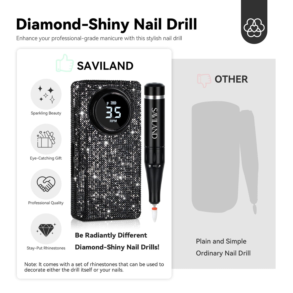 Détail du stylo de perçage SAVILAND avec cristaux noirs