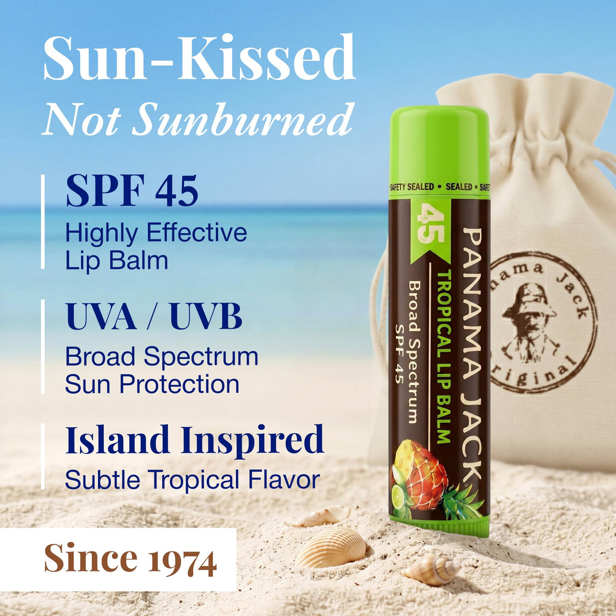 Détail du tube de baume à lèvres Panama Jack SPF 45