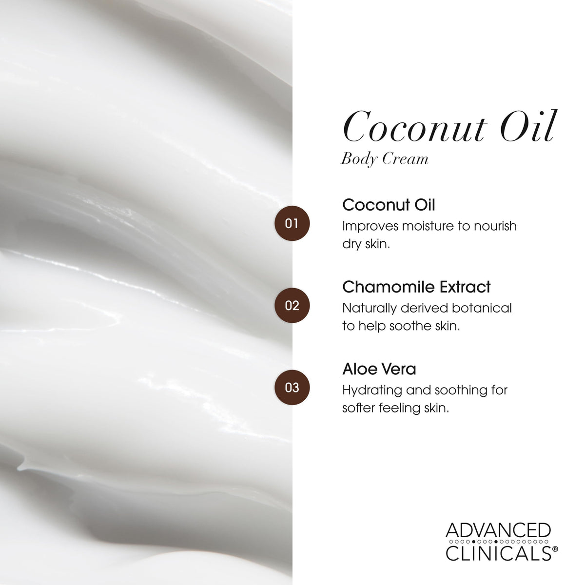 Détails de l'emballage de la crème corporelle Advanced Clinicals à l'huile de coco