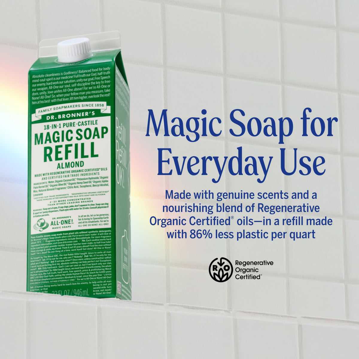 Détails de l'emballage du savon liquide Pure-Castile Dr. Bronner's