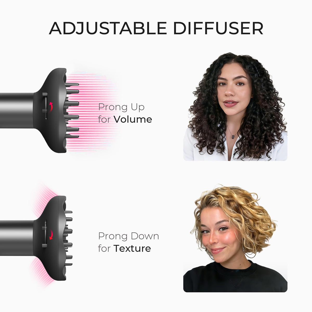 Détails de l'embout diffuseur du sèche-cheveux TYMO