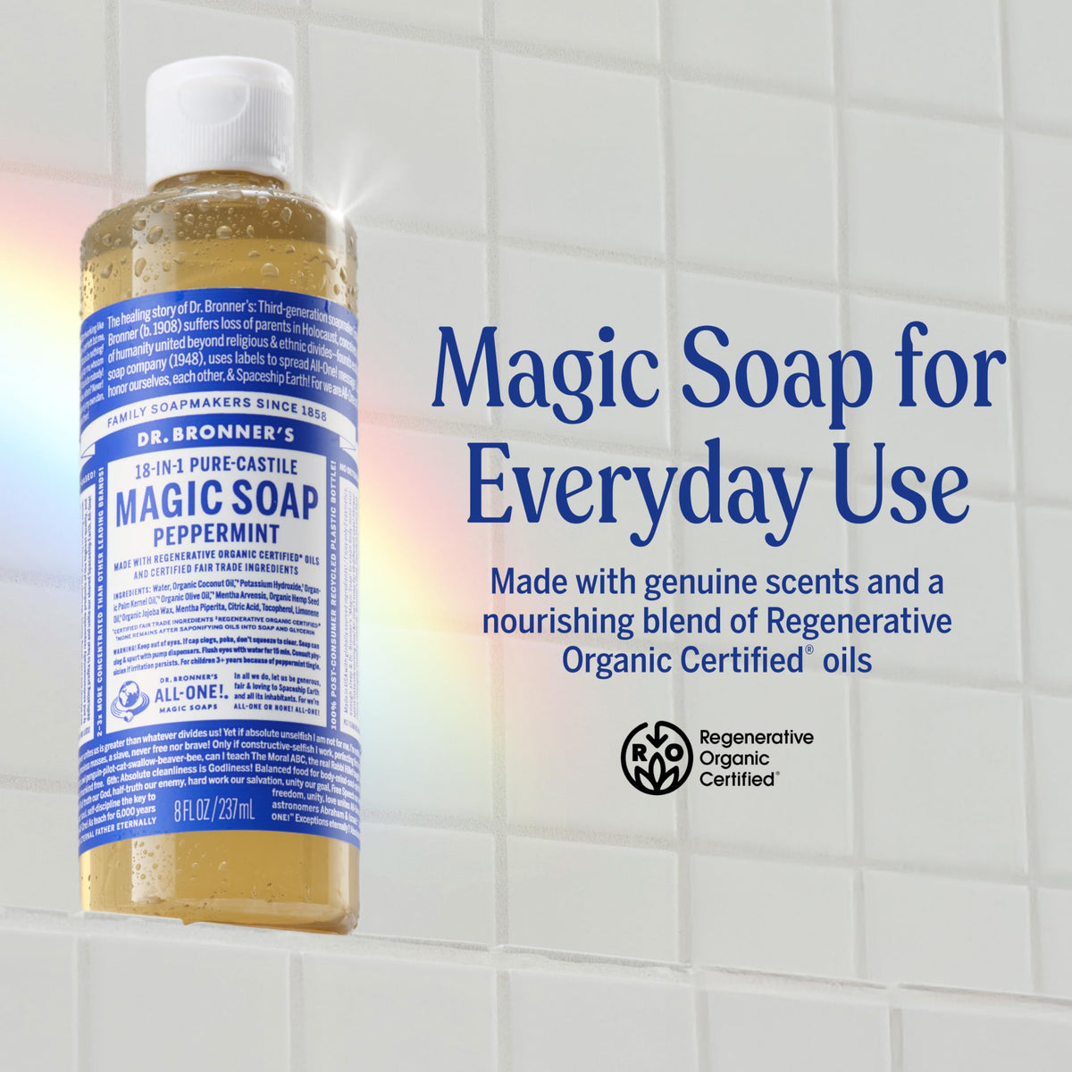 Détails de l'étiquette du savon liquide Pur-Castile Menthe Dr. Bronner's