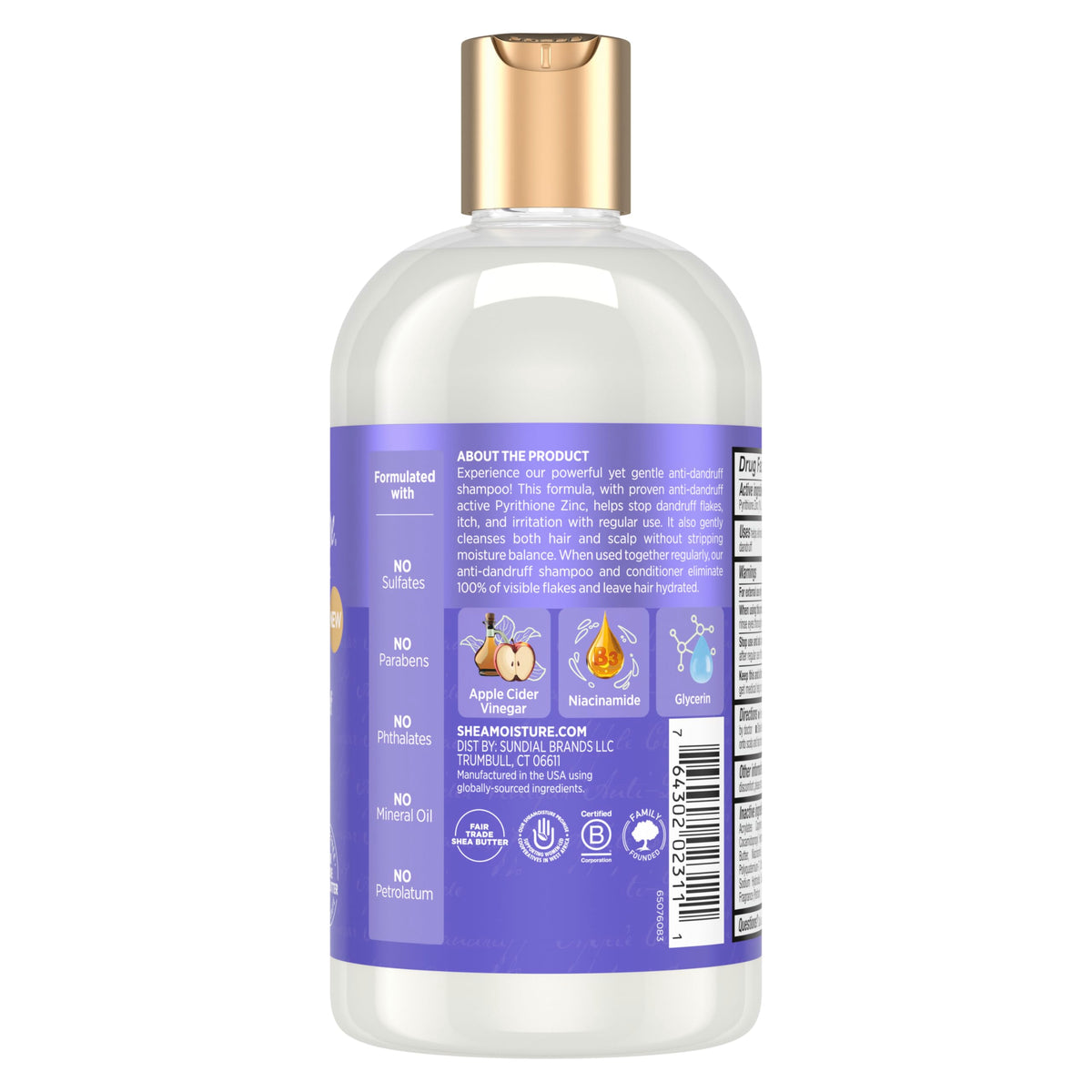 Détails de l'étiquette du shampoing Shea Moisture Anti-Pelliculaire