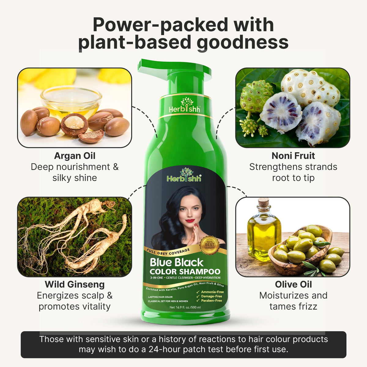 Détails de l'étiquette du shampooing colorant Herbishh