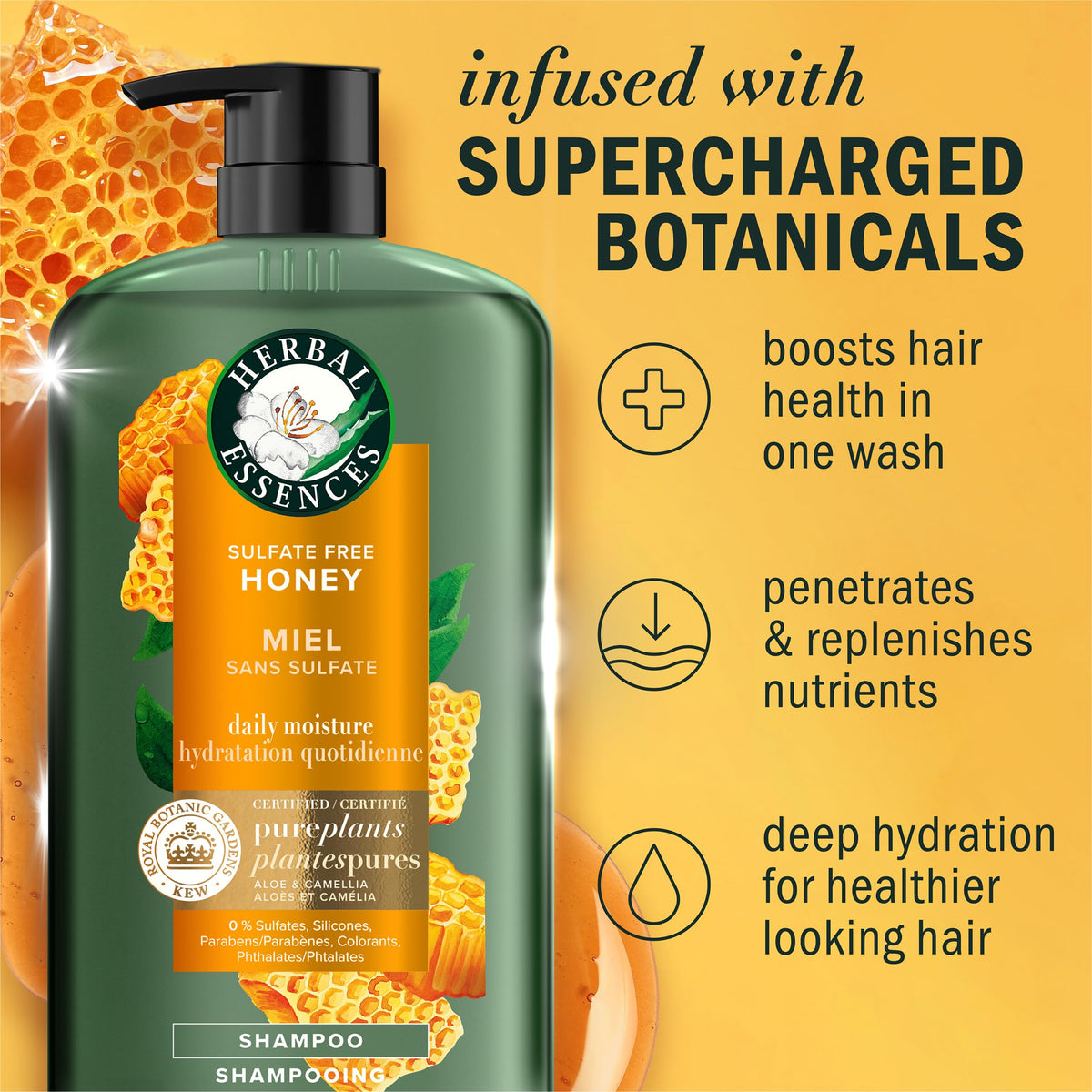 Détails de l'étiquette du shampooing Herbal Essences au miel