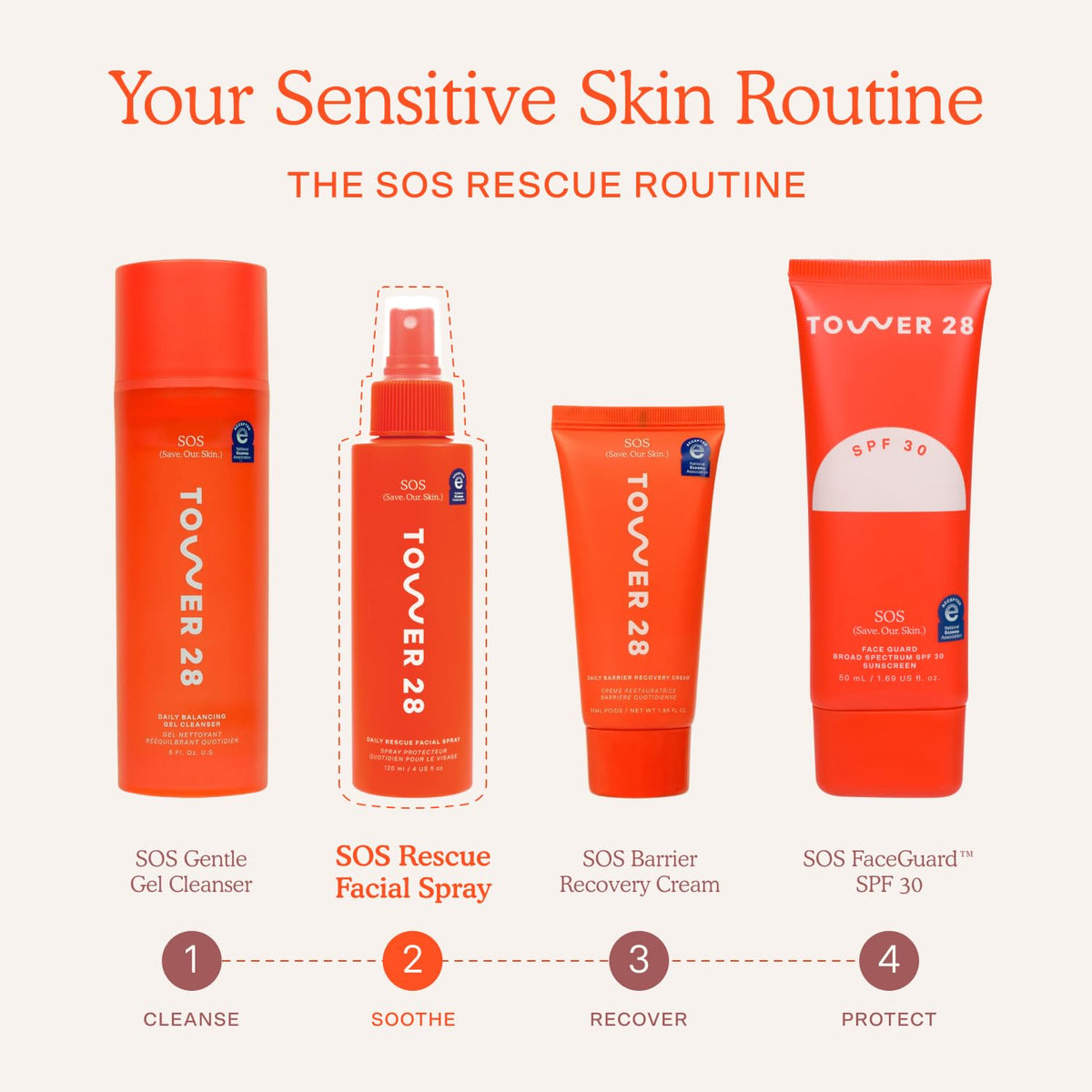 Détails de l'étiquette sur le Tower 28 SOS Daily Rescue Spray 30ml