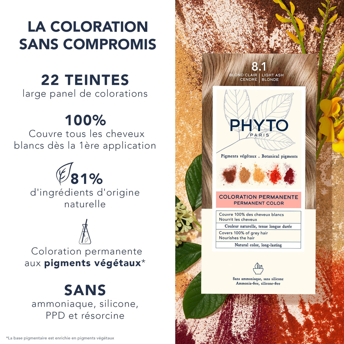 Détails de la boîte de teinture PHYTO Phytocolor 8.1 Blond Cendré