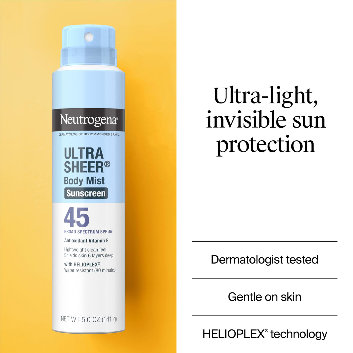 Détails de la bouteille de Brume Solaire Neutrogena Ultra Sheer SPF 45