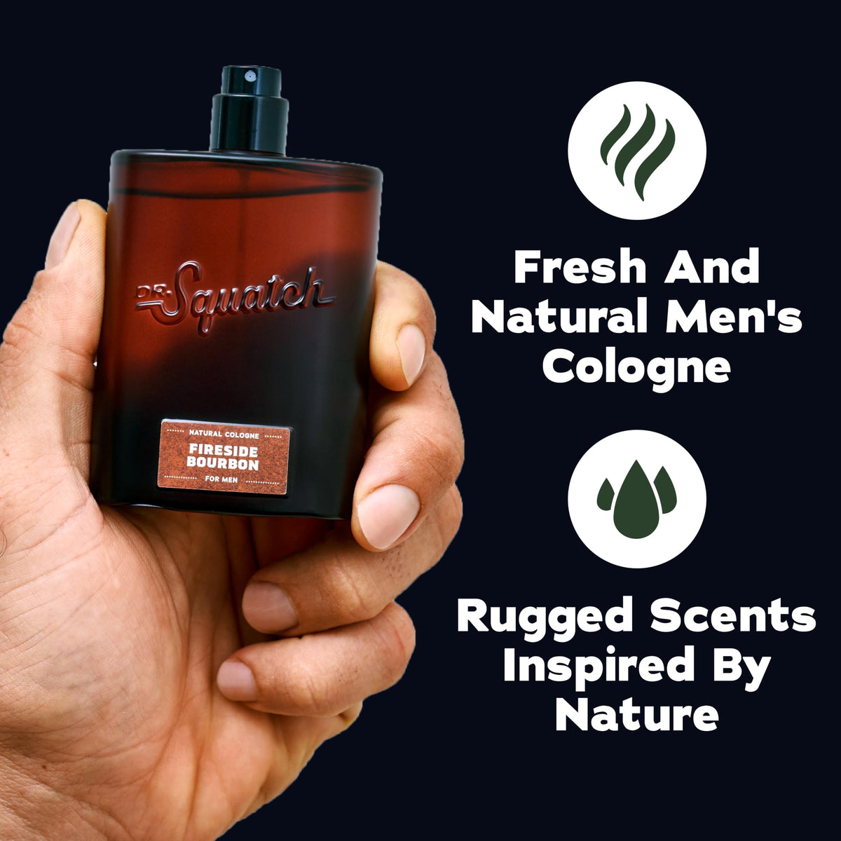 Détails de la bouteille de cologne Dr. Squatch Fireside Bourbon