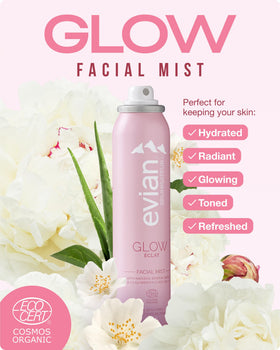 Détails de la brume visage Évian Glow avec sa texture légère