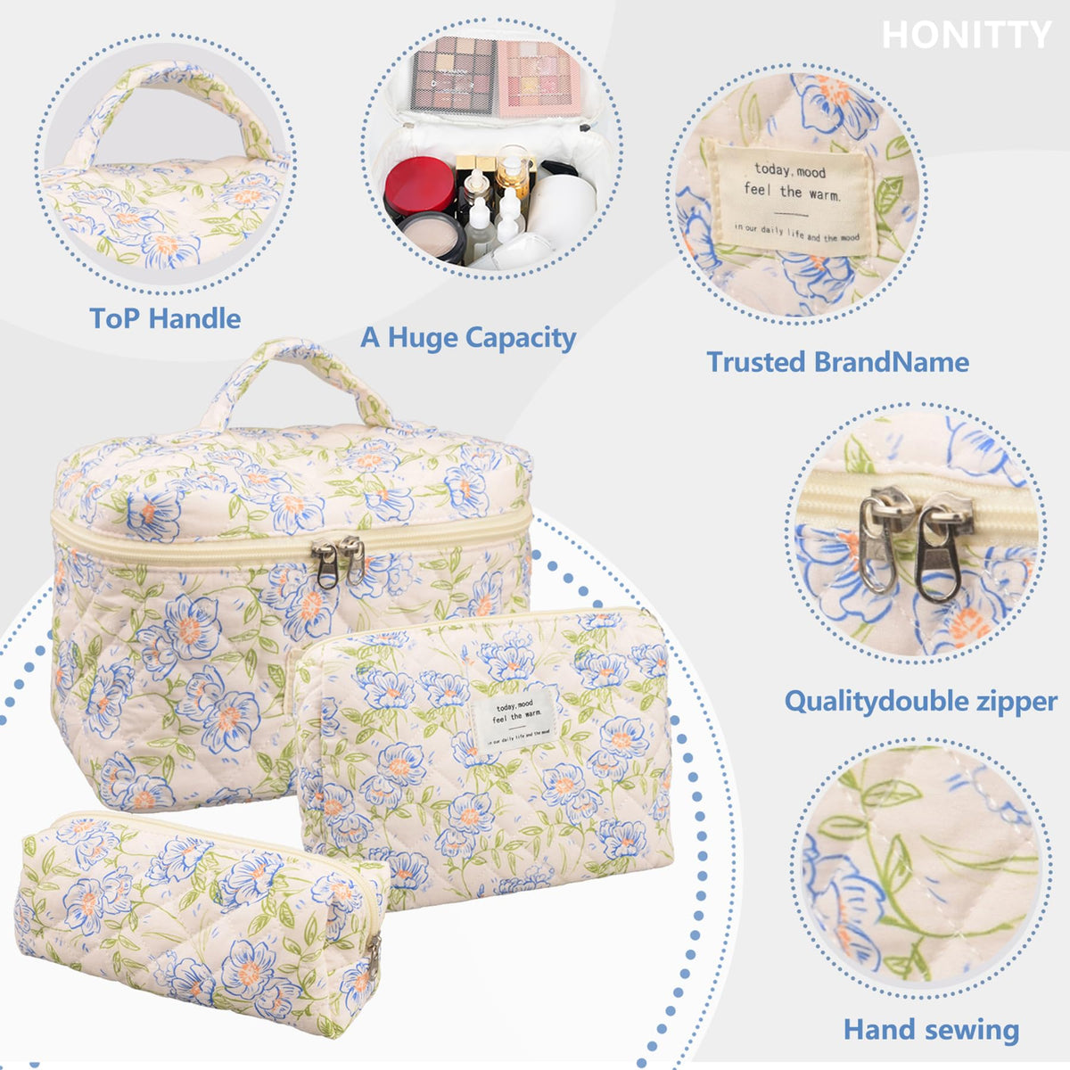 Détails de la couture de la trousse de maquillage honitty