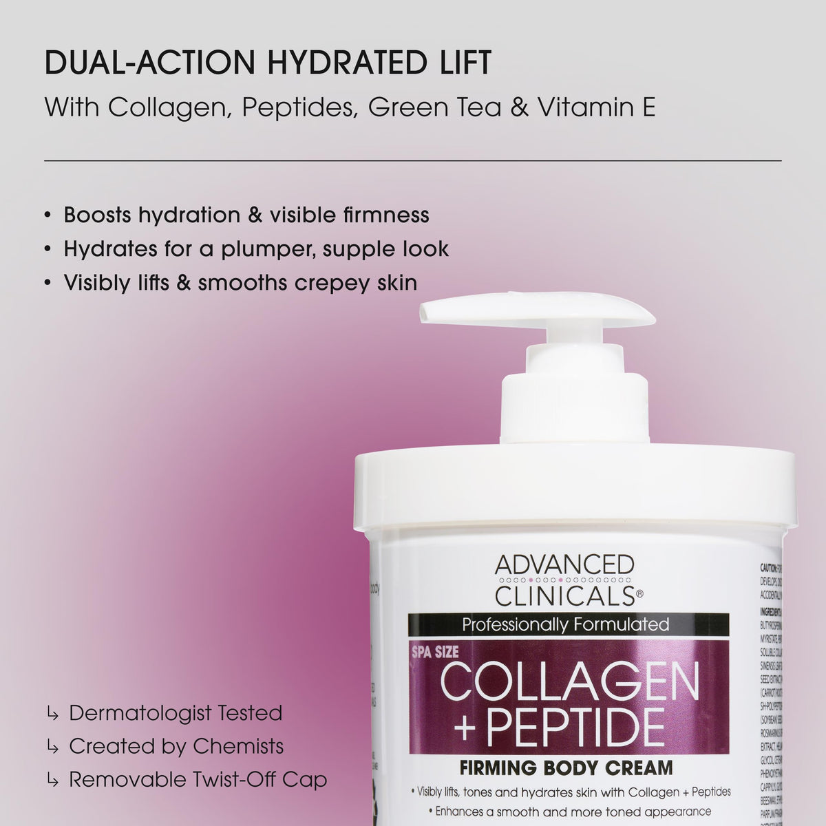 Détails de la crème Advanced Clinicals avec peptides de collagène