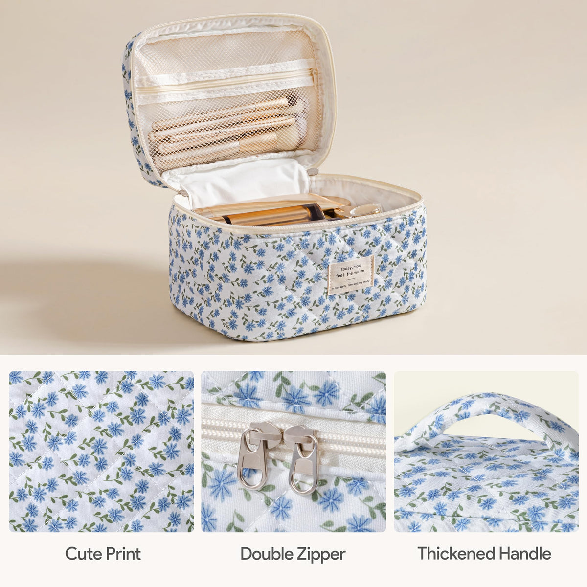 Détails de la fermeture éclair dorée de la trousse de maquillage HBselect