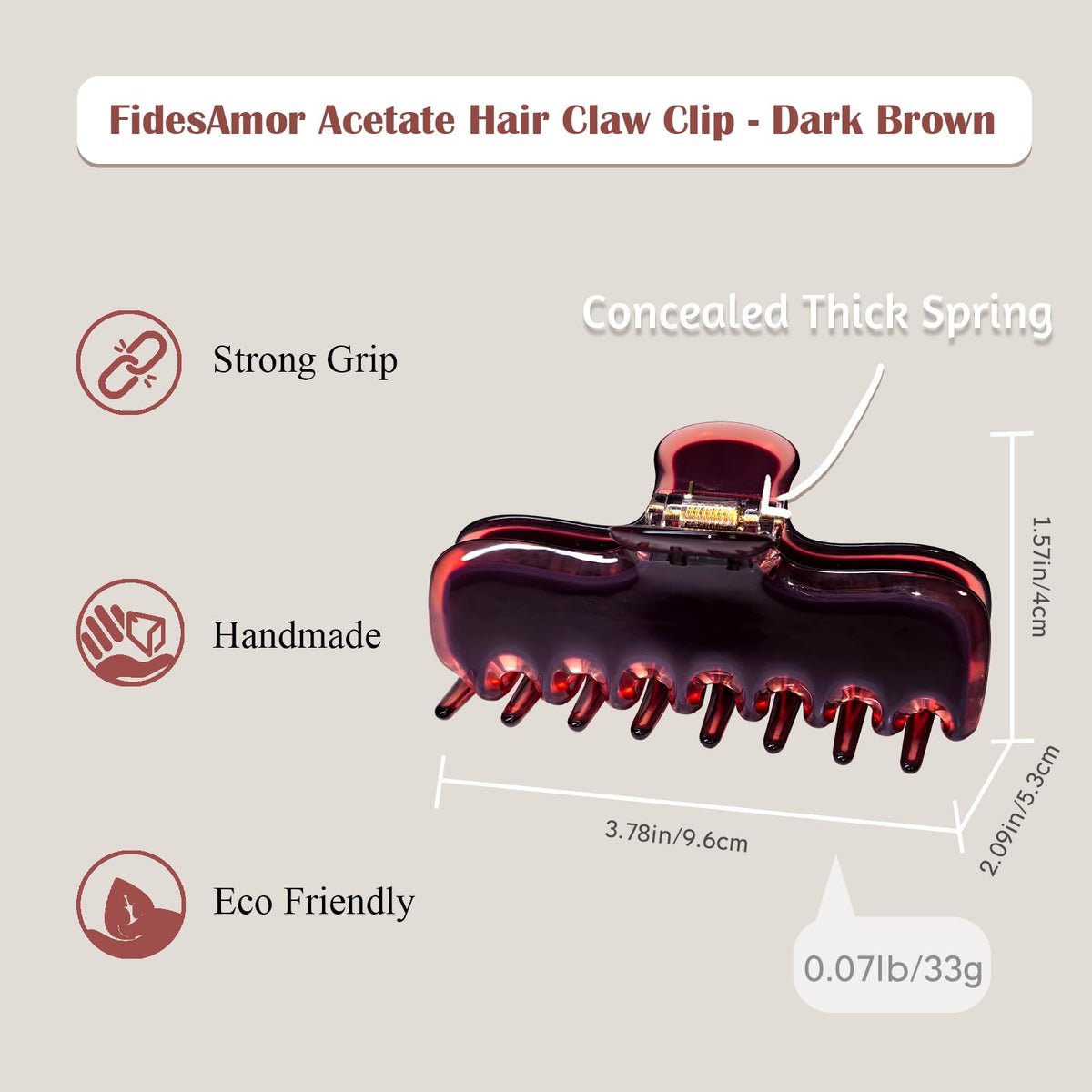 Détails de la pince à cheveux FidesAmor en acétate, couleur marron