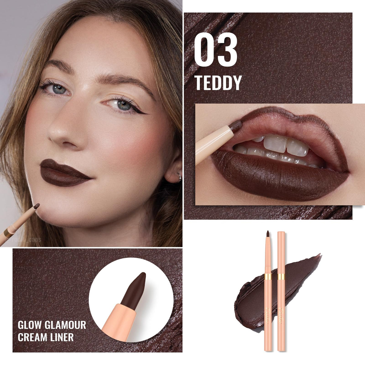Détails de la texture crémeuse du crayon à lèvres Oulac 03 Teddy