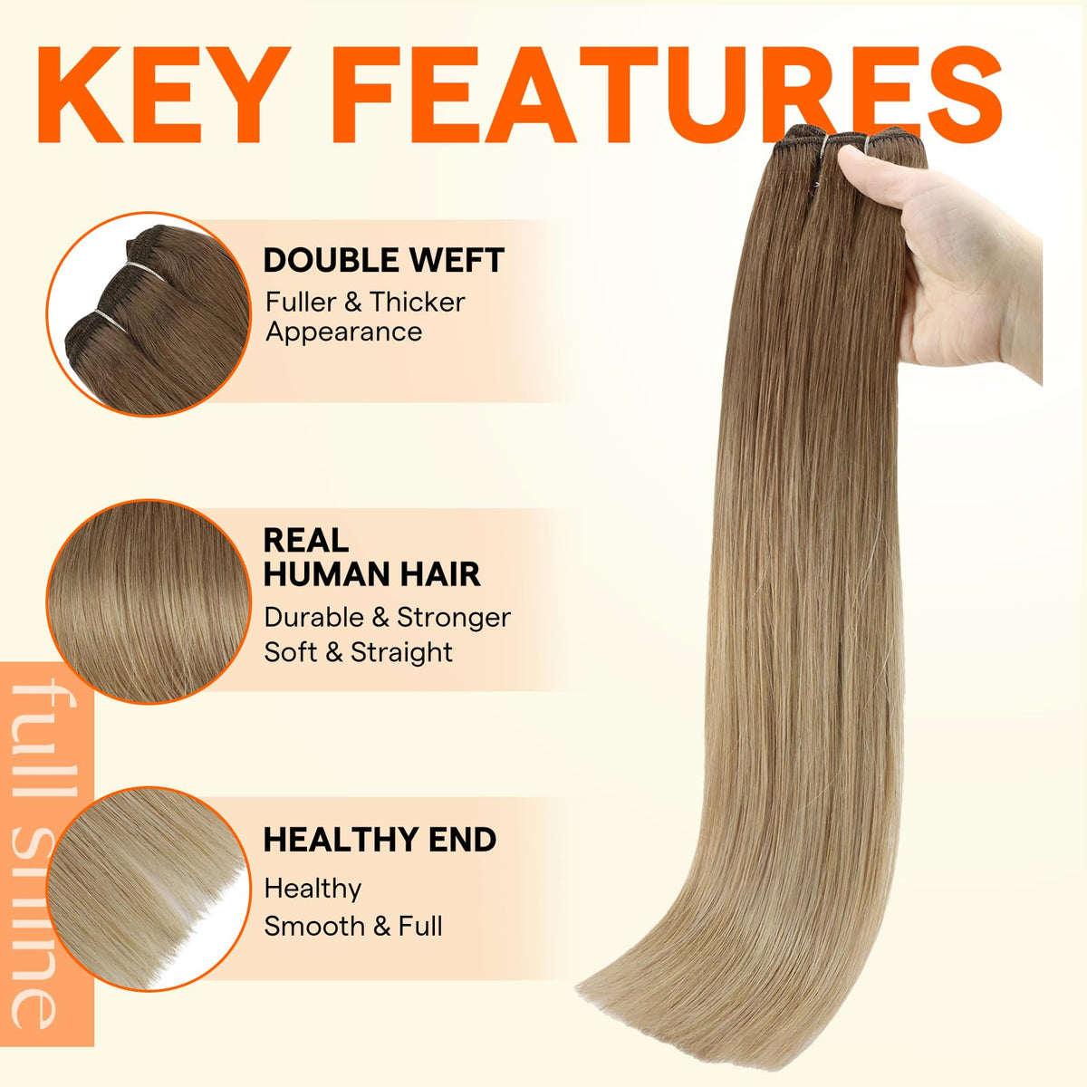 Détails de la texture des extensions de cheveux ombre blonde Full Shine