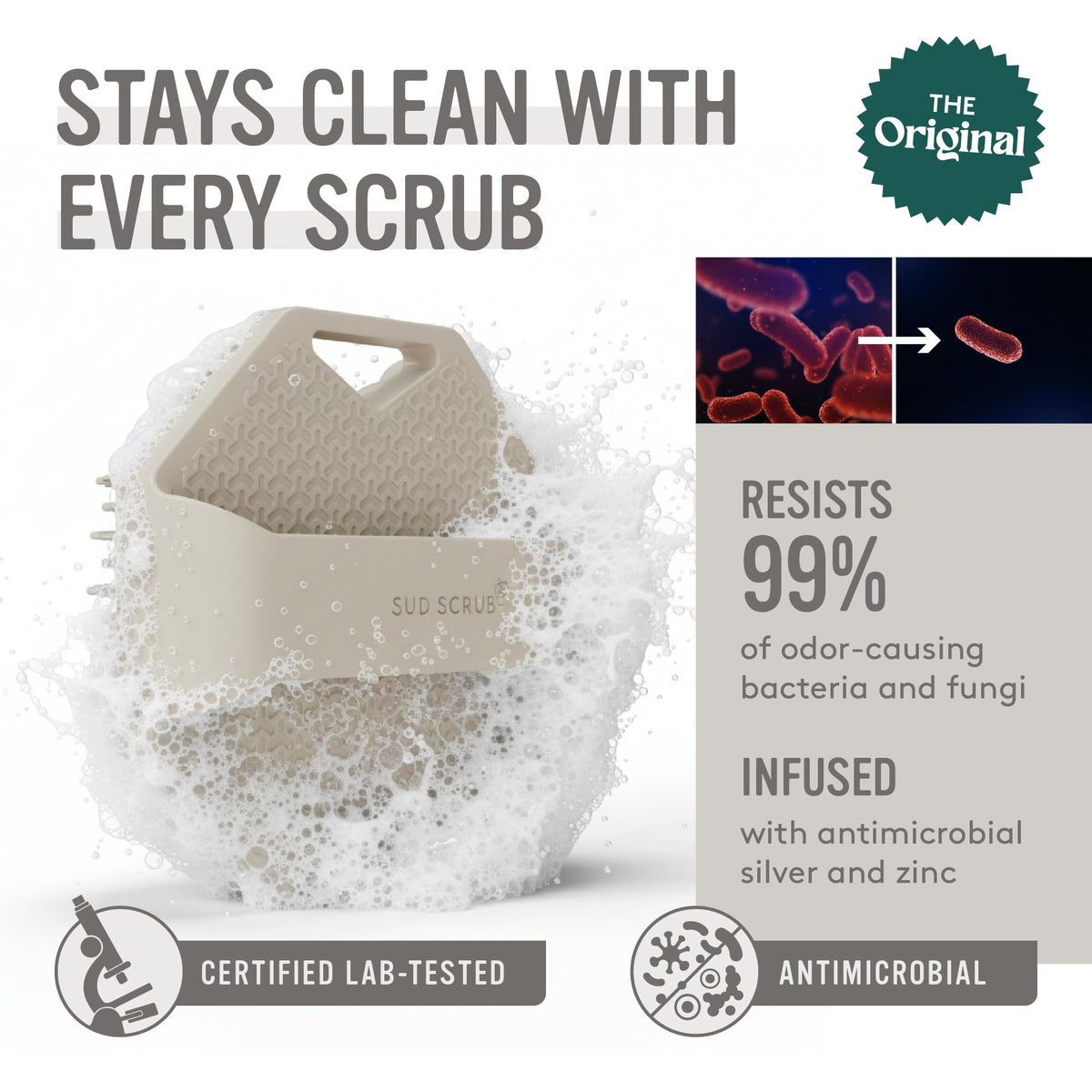 Détails de la texture du gant Sud Scrub, prise en main