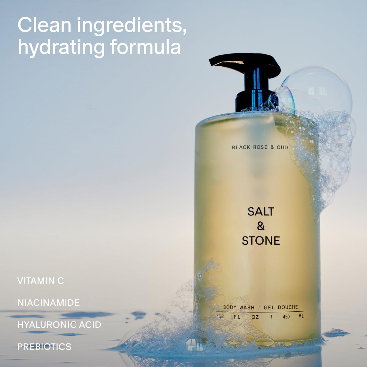 Détails de la texture du gel douche Salt & Stone, mousse hydratante