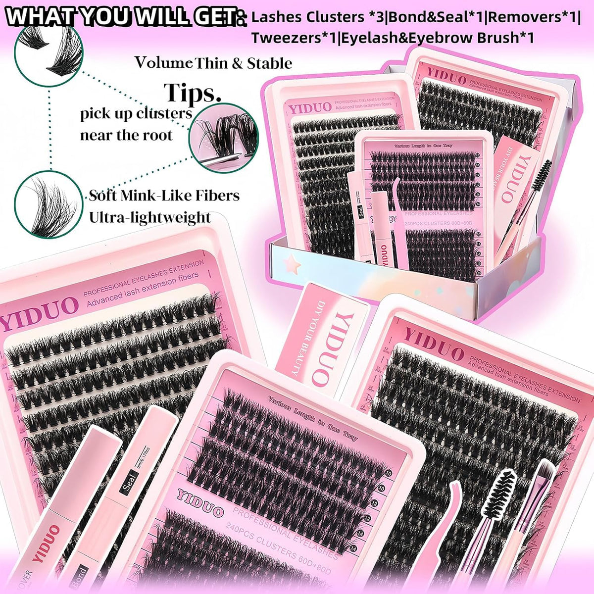 Détails des cils en clusters YIDUO 60D, 80D, 100D