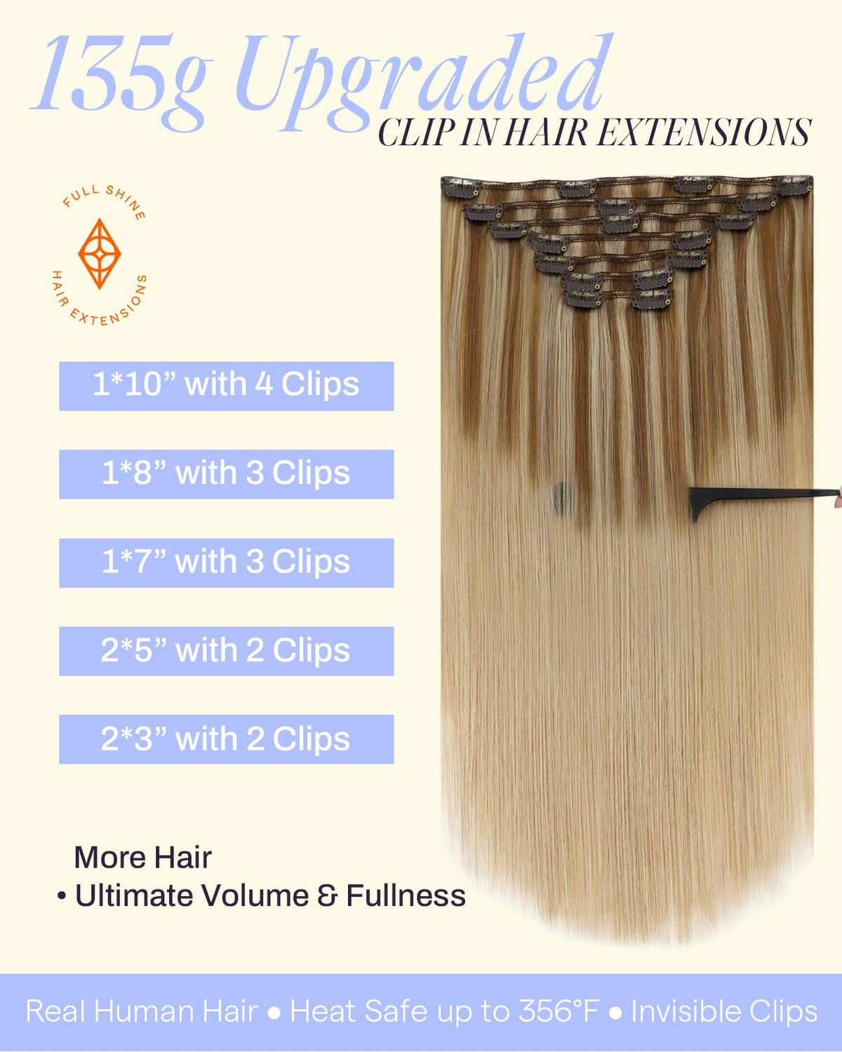 Détails des clips en acier inoxydable des extensions Full Shine