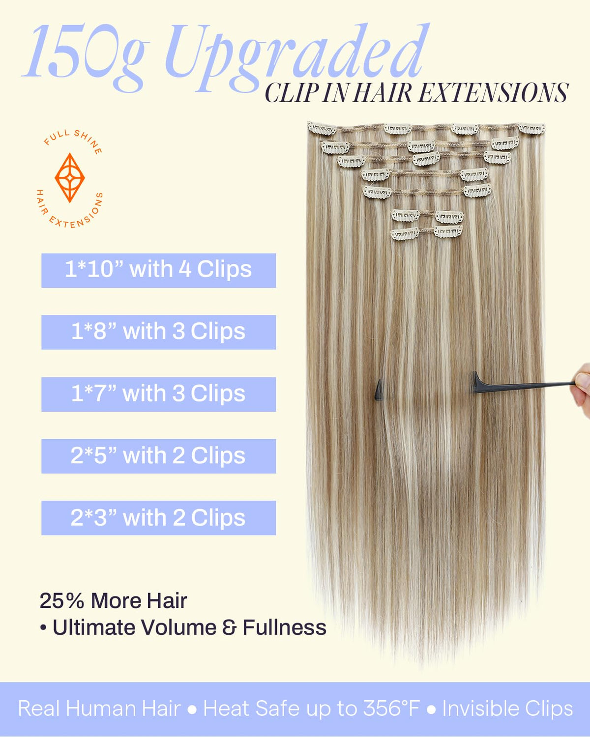 Détails des clips en acier inoxydable sur les extensions Full Shine