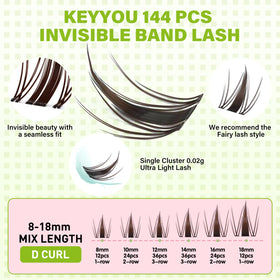 Détails des clusters de cils marron KEYYOU sur fond blanc