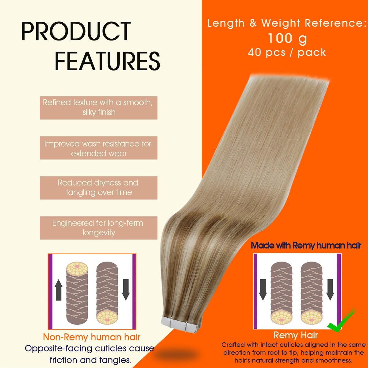 Détails des extensions capillaires Full Shine avec ruban adhésif