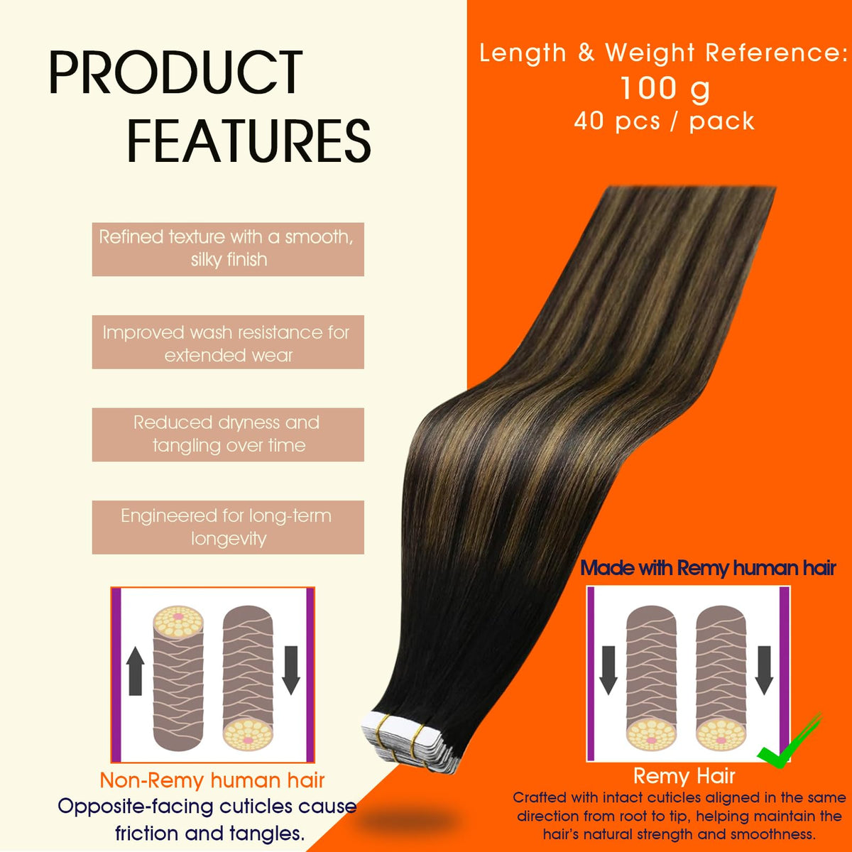 Détails des extensions de cheveux Full Shine avec ruban adhésif