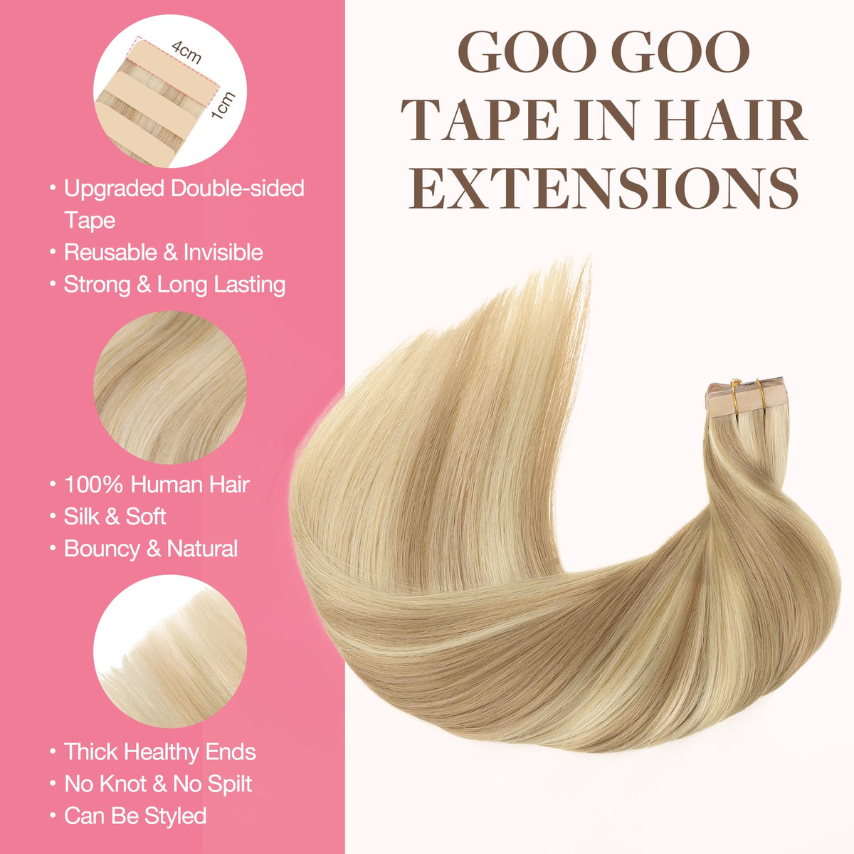 Détails des extensions de cheveux GOO GOO avec ruban hypoallergénique