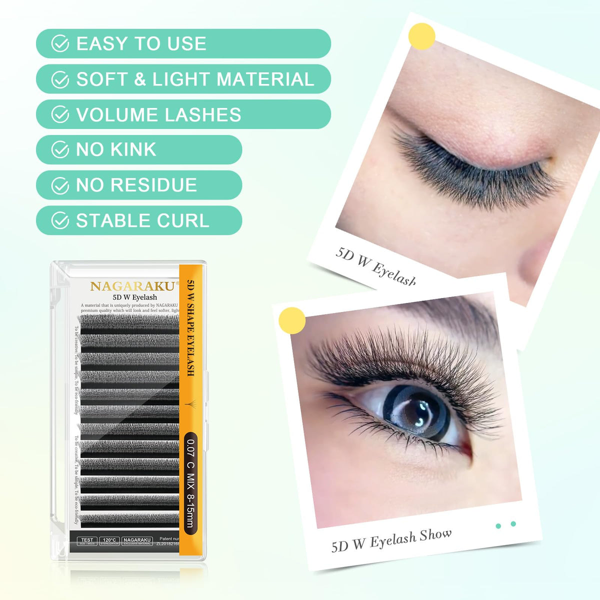 Détails des extensions de cils NAGARAKU 5D W avec base fine