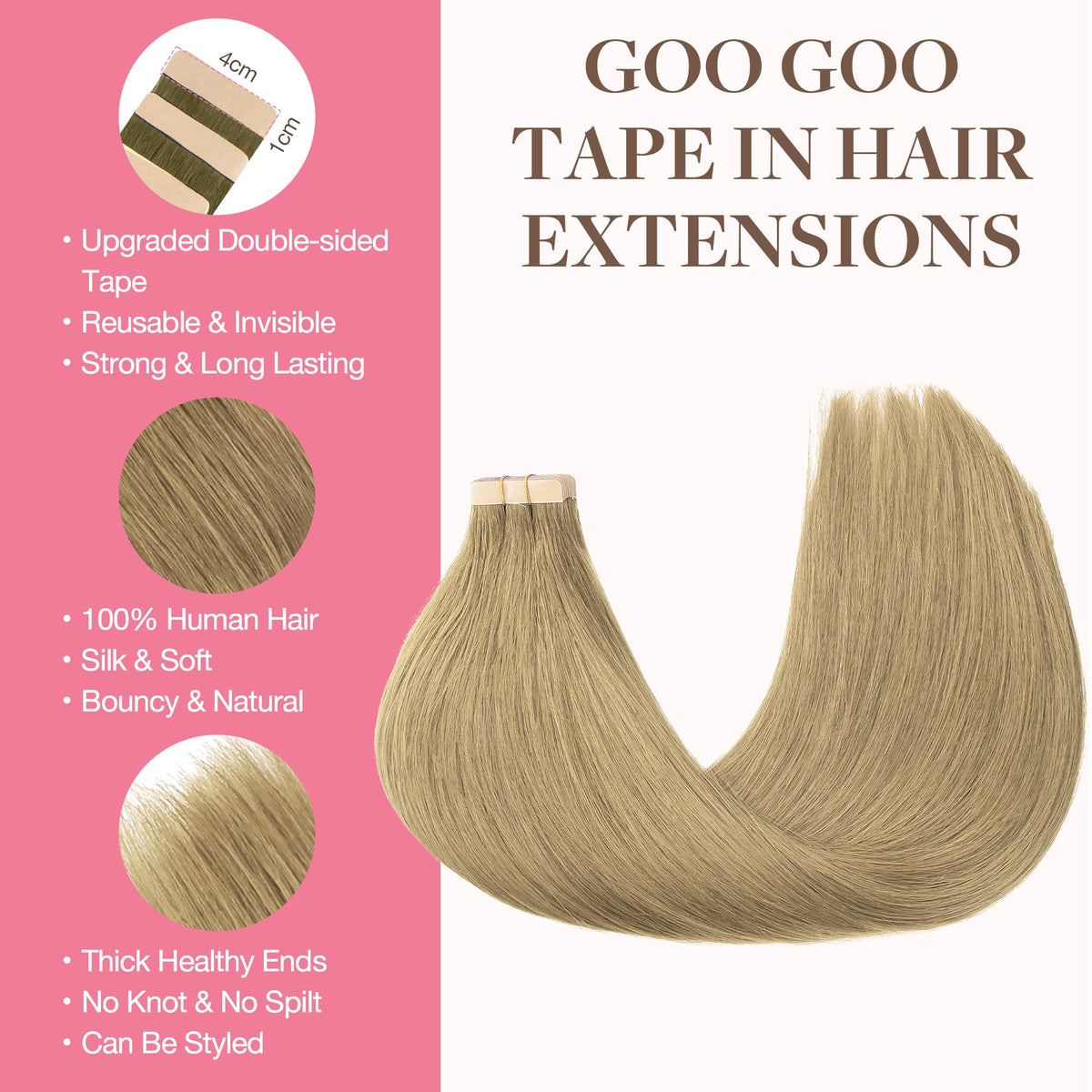 Détails des extensions GOO GOO en cheveux bronde avec ruban