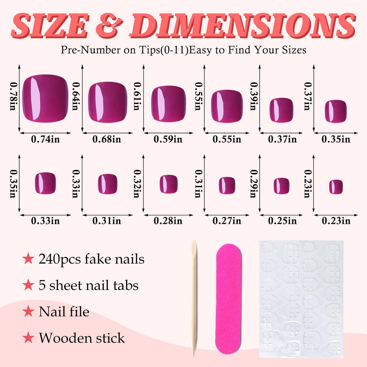 Détails des faux ongles de pied magenta avec taille variée