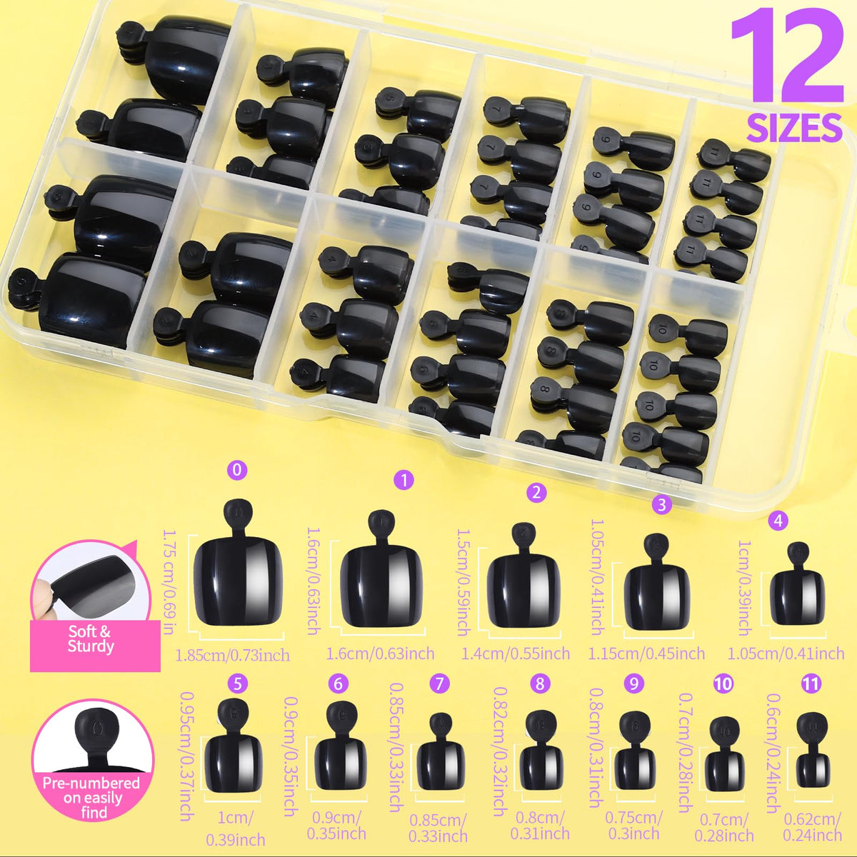 Détails des faux ongles de pieds en noir, taille et forme variées