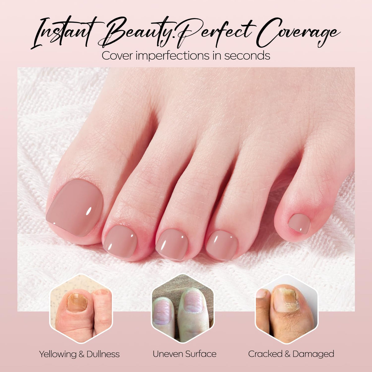Détails des faux ongles de pieds marron rosé avec finition brillante