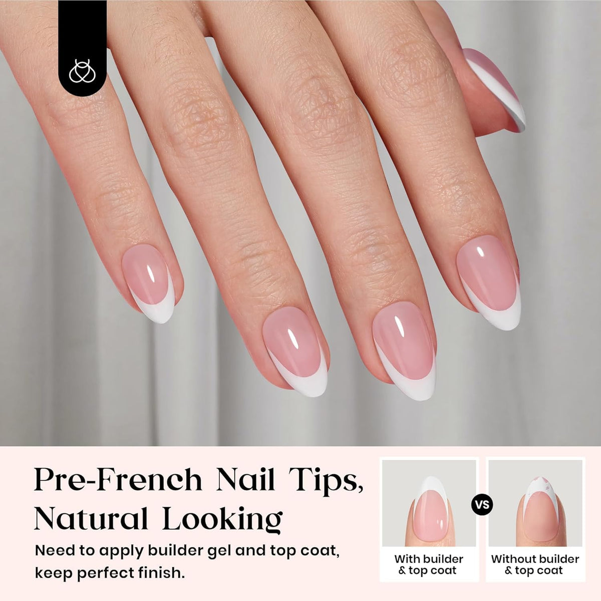Détails des faux ongles en amande rose avec design français