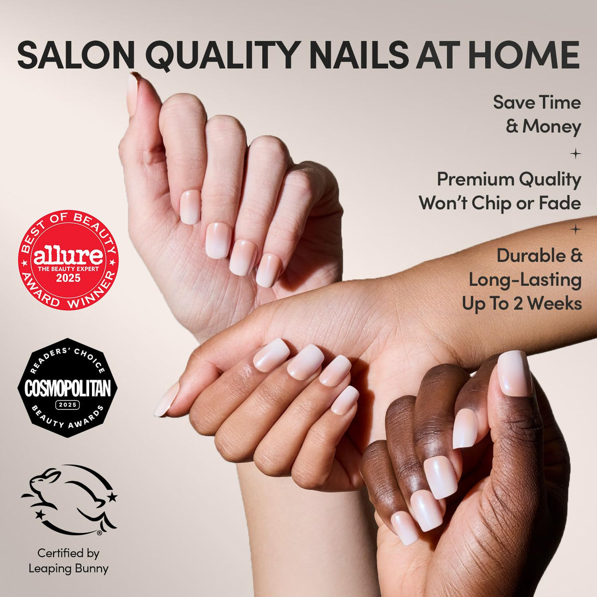 Détails des faux ongles Glamnetic avec ombré nude à blanc