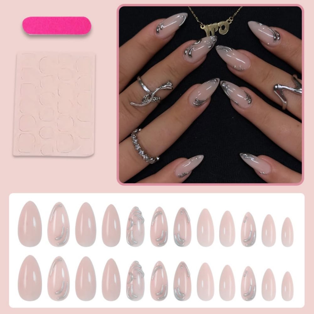 Détails des faux ongles press-on avec lignes métalliques