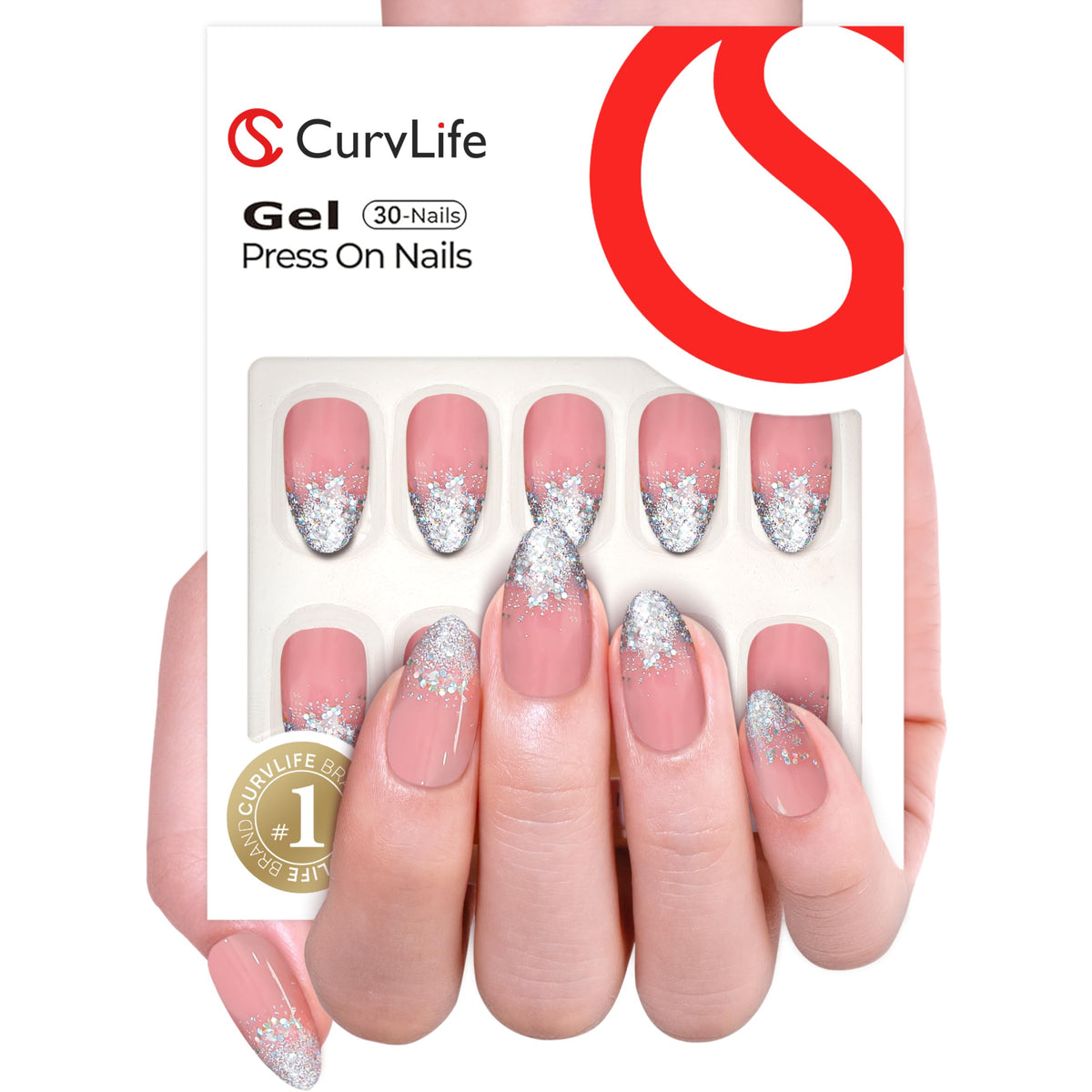 Détails des faux ongles pressés CurvLife montrant la finition en gel