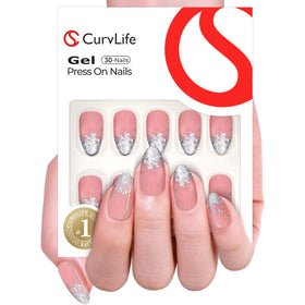 Détails des faux ongles pressés CurvLife montrant la finition en gel