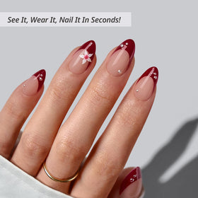 Détails des faux ongles Rococo Bloom avec finition rouge français