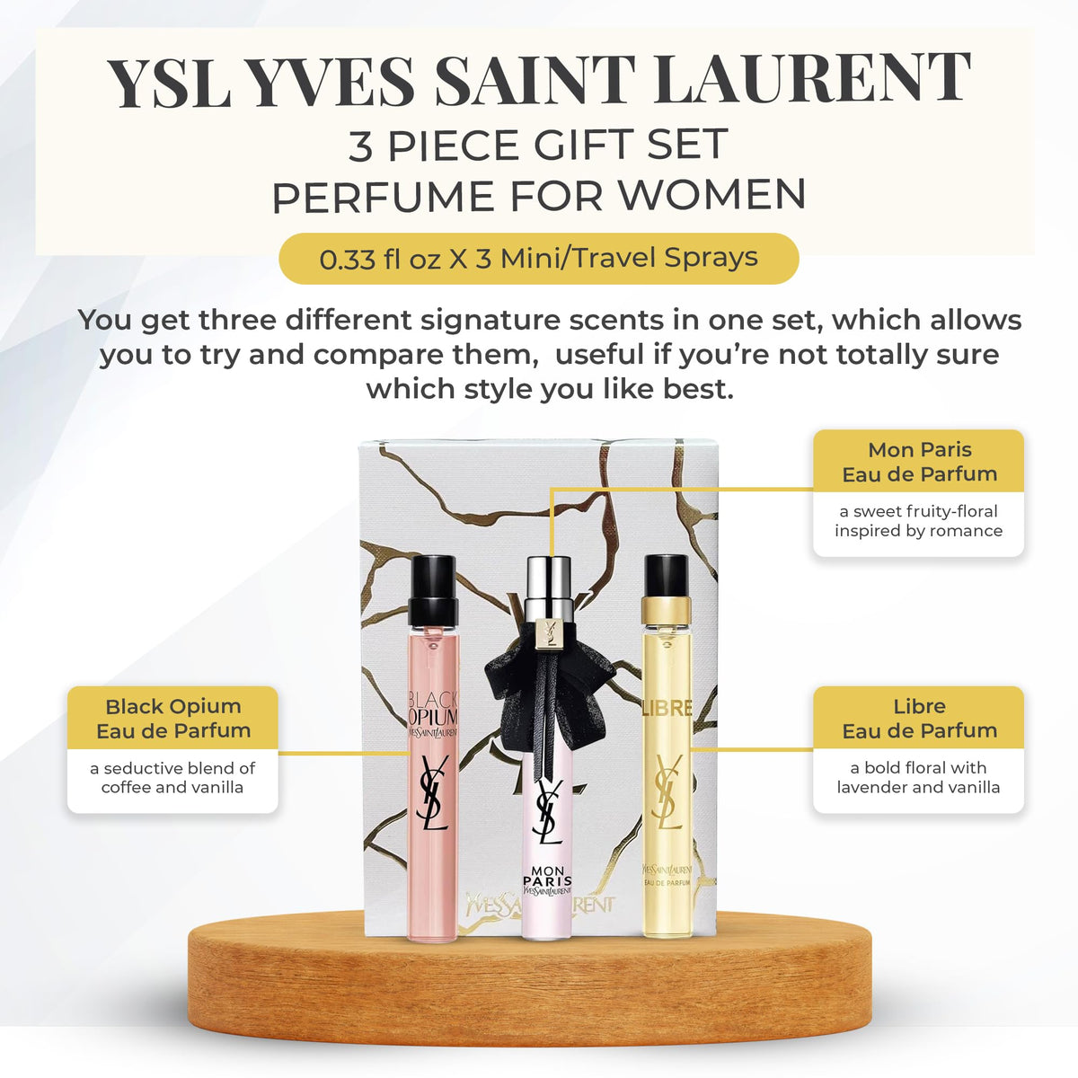 Détails des flacons Black Opium, Mon Paris et Libre dans le coffret
