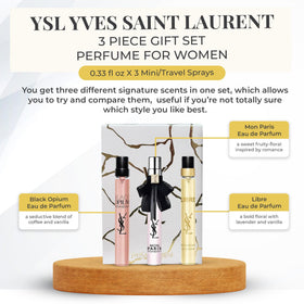 Détails des flacons Black Opium, Mon Paris et Libre dans le coffret