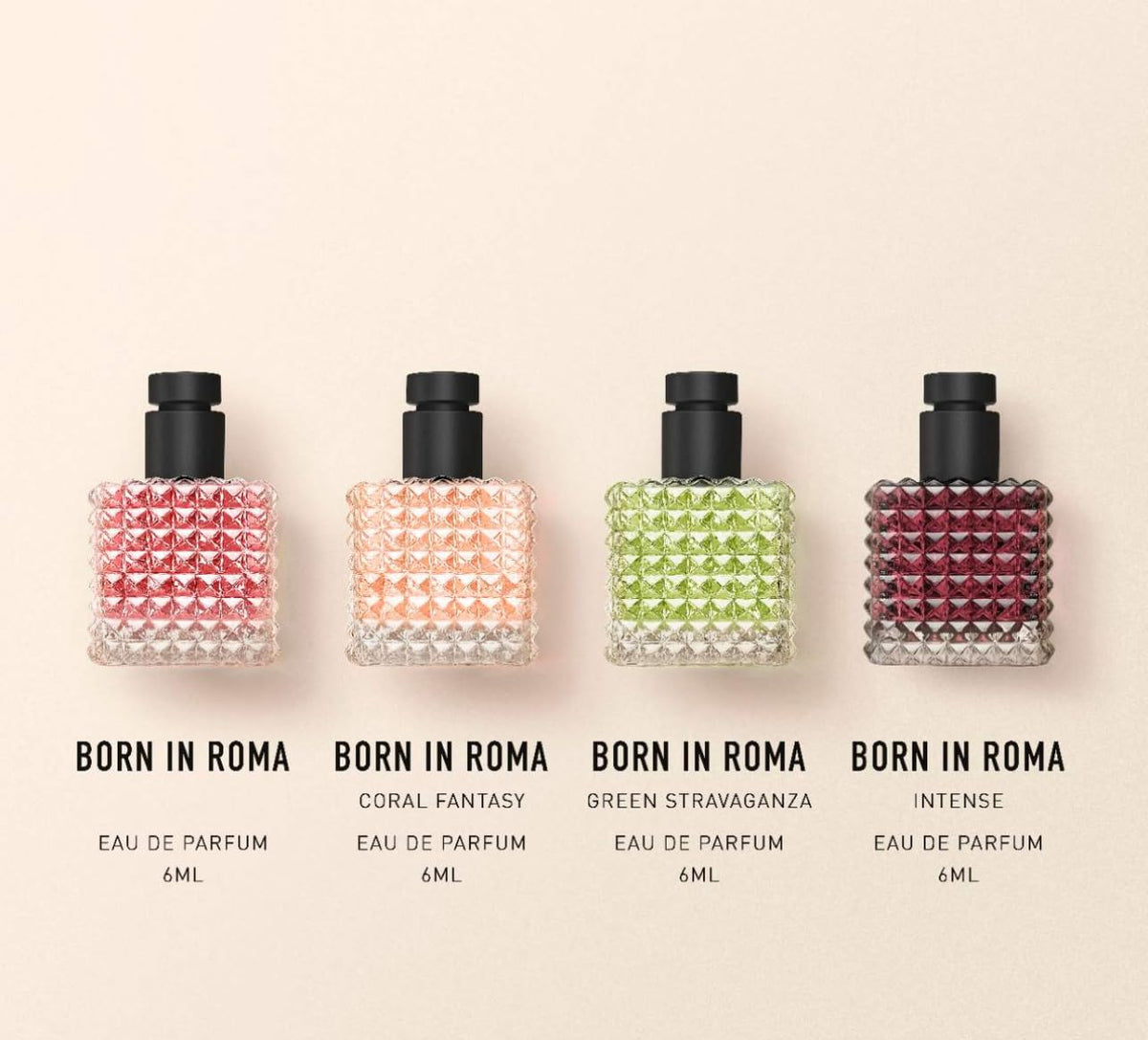 Détails des flacons Valentino Mini Donna Born in Roma dans leur coffret