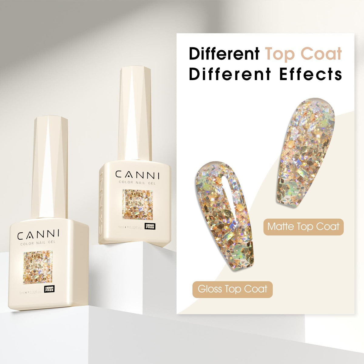 Détails des flocons holographiques du vernis CANNI