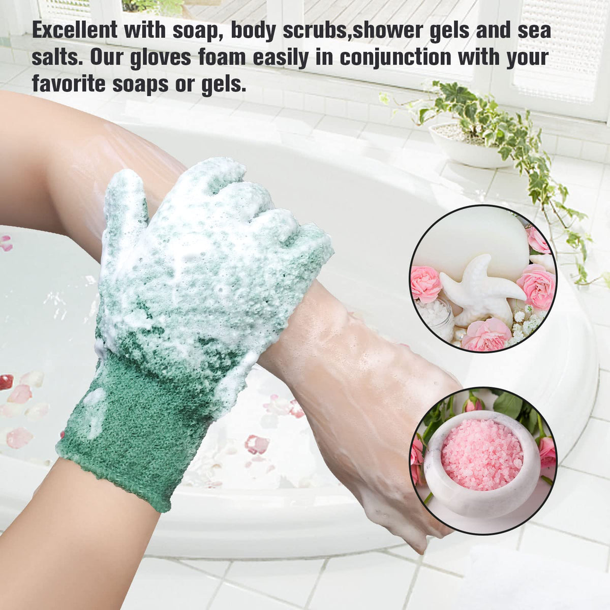 Détails des gants exfoliants Evridwear, vue rapprochée