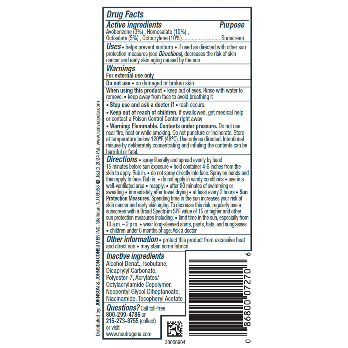 Détails des ingrédients du spray solaire Neutrogena